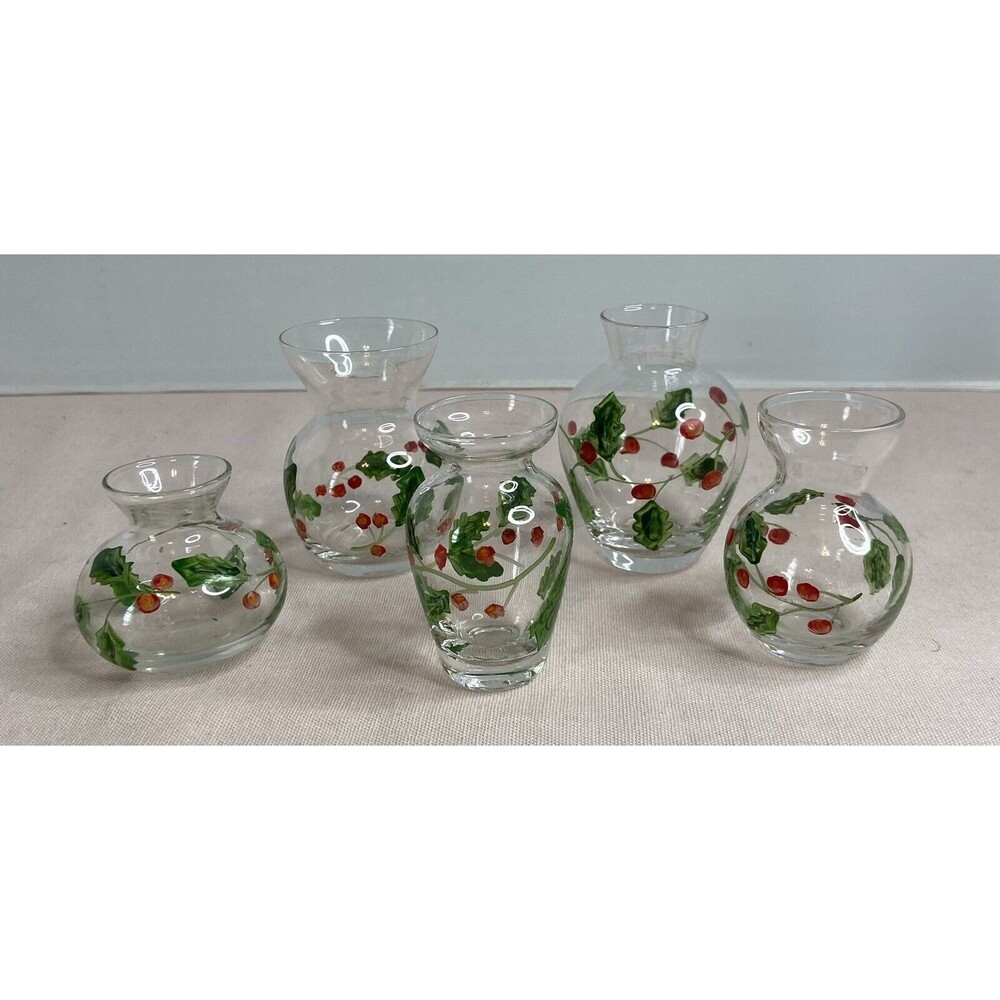 HAND PAINTED GLASS , CLEAR MINI VASES. 5 ITEMS IN THE SET.  VINES & BERRIES.